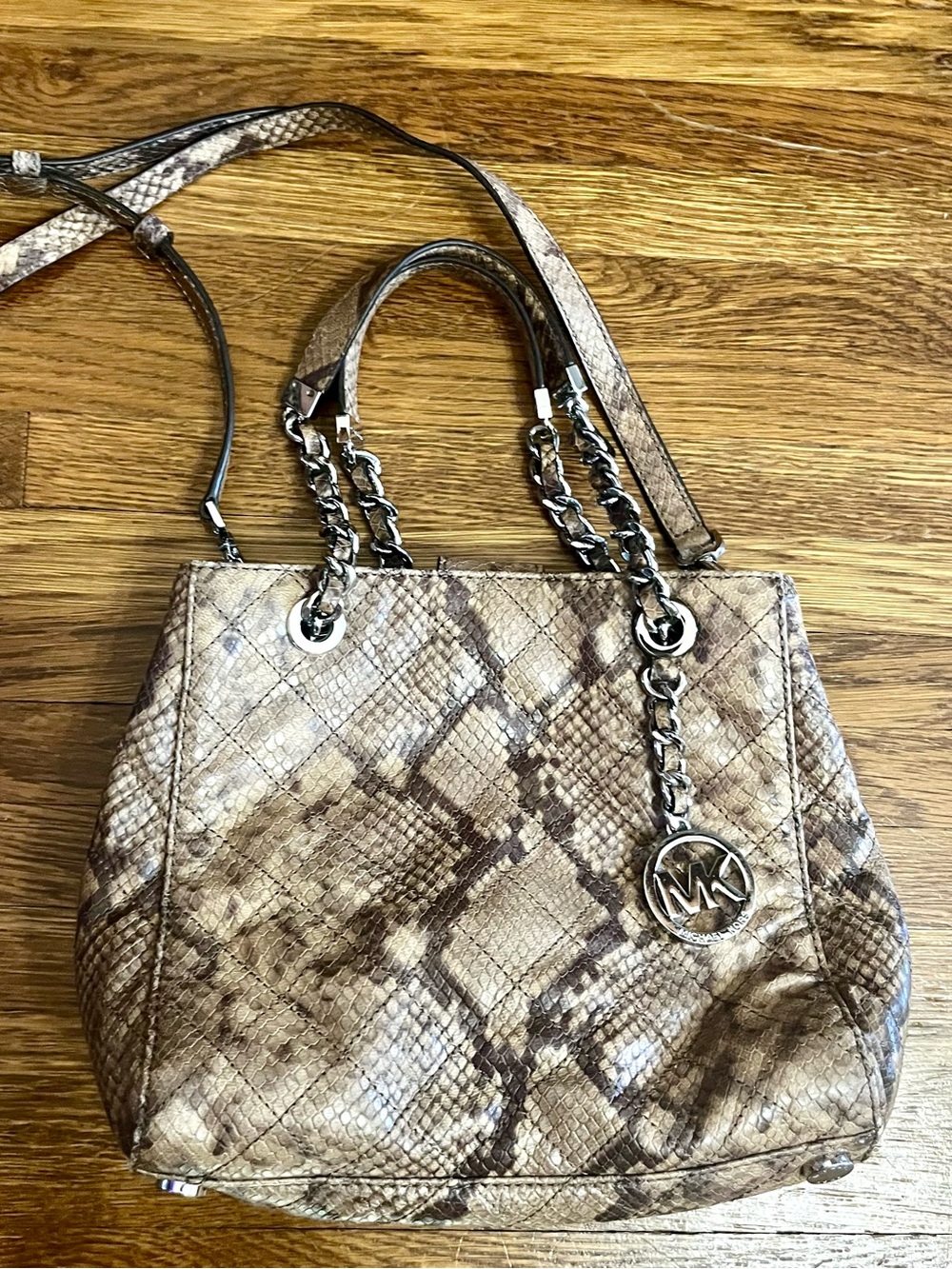 Michael Kors python snakeskin purse shoulder bag MK logo tan brown